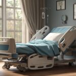 A modern, adjustable electronic hospital bed with blue linens in a well-lit, home-like bedroom setting next to a window.