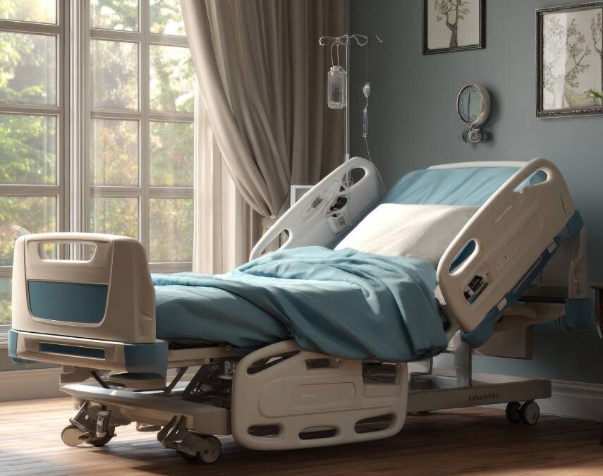 A modern, adjustable electronic hospital bed with blue linens in a well-lit, home-like bedroom setting next to a window.