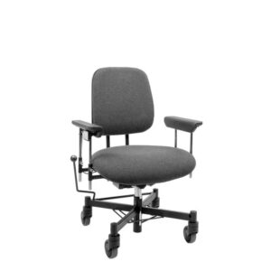 VELA Tango 300E bariatric office-style chair on a four-wheel base with a hand brake, adjustable armrests, and an electric lift mechanism for easy standing, now available in Lower Mainland exclusively at Lancaster Mobility Surrey.