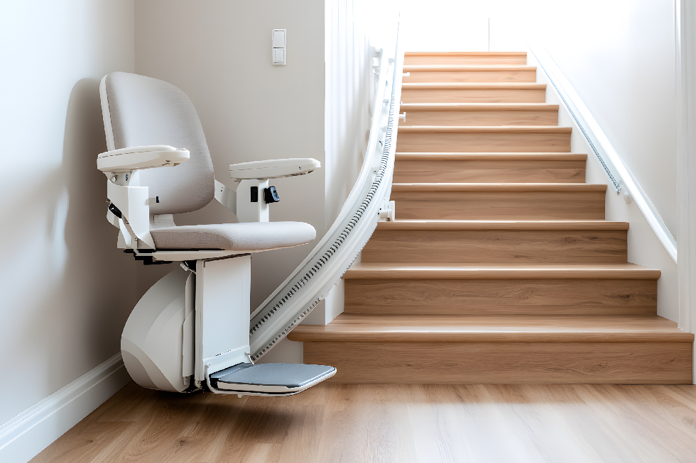 Custom curved stairlift with a comfortable beige seat installed along a residential wooden staircase to improve home mobility and accessibility.