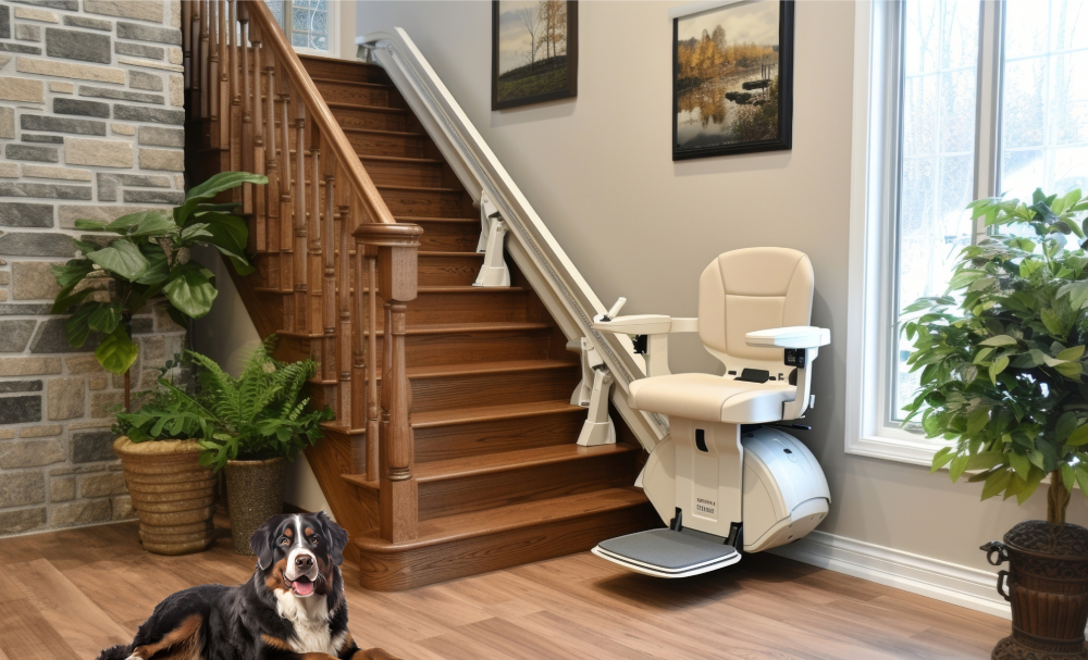Dog sitting safely at the bottom of a staircase near stairlift installed by Lancaster Mobility.